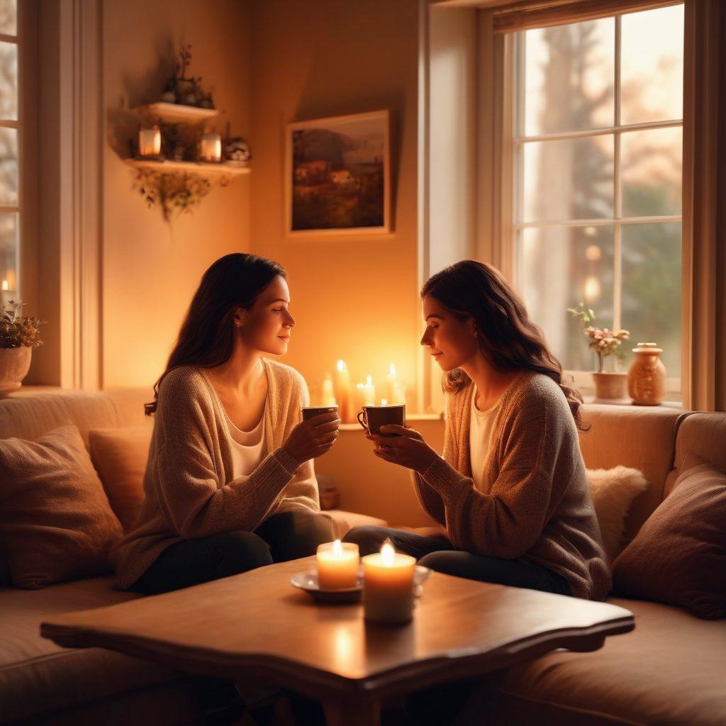 A warm, intimate scene depicting a couple sharing a heartfelt conversation over coffee, surrounded by soft, glowing candles. The background features a cozy living room with faint heart motifs and a hint of nature through a window. Emphasize emotion and connection through body language and expressions. super-realistic. soft lighting. warm color palette.