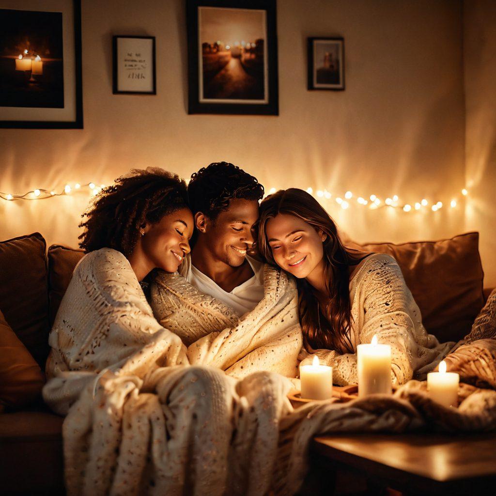 A cozy scene of two people sitting close together on a sofa, sharing a heartfelt moment while surrounded by soft, warm lighting. Include elements like a candle, a cozy blanket, and framed photos of their journey together on the walls. Emphasize their affectionate expressions, symbolizing intimacy and connection. super-realistic. warm colors. subtle bokeh effect.